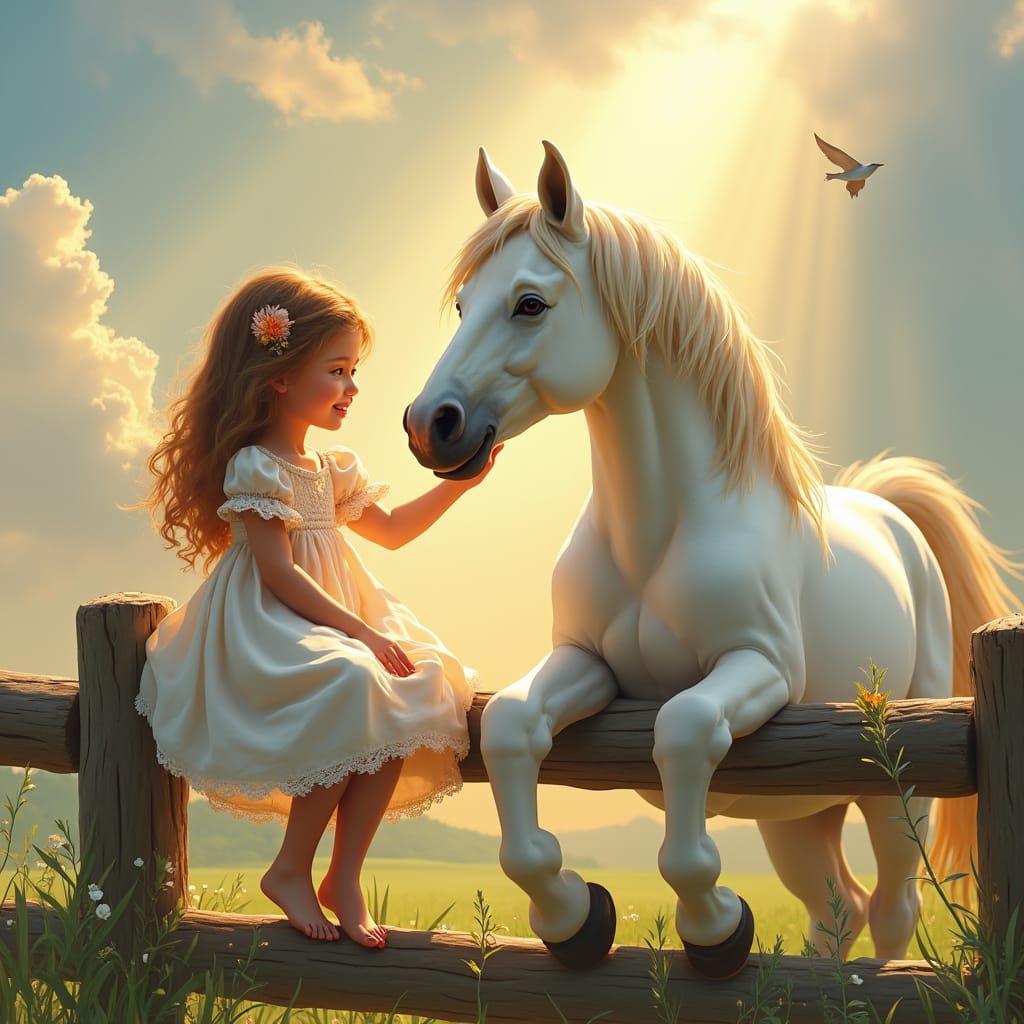 Girl and White Horse in Dreamy Landscape