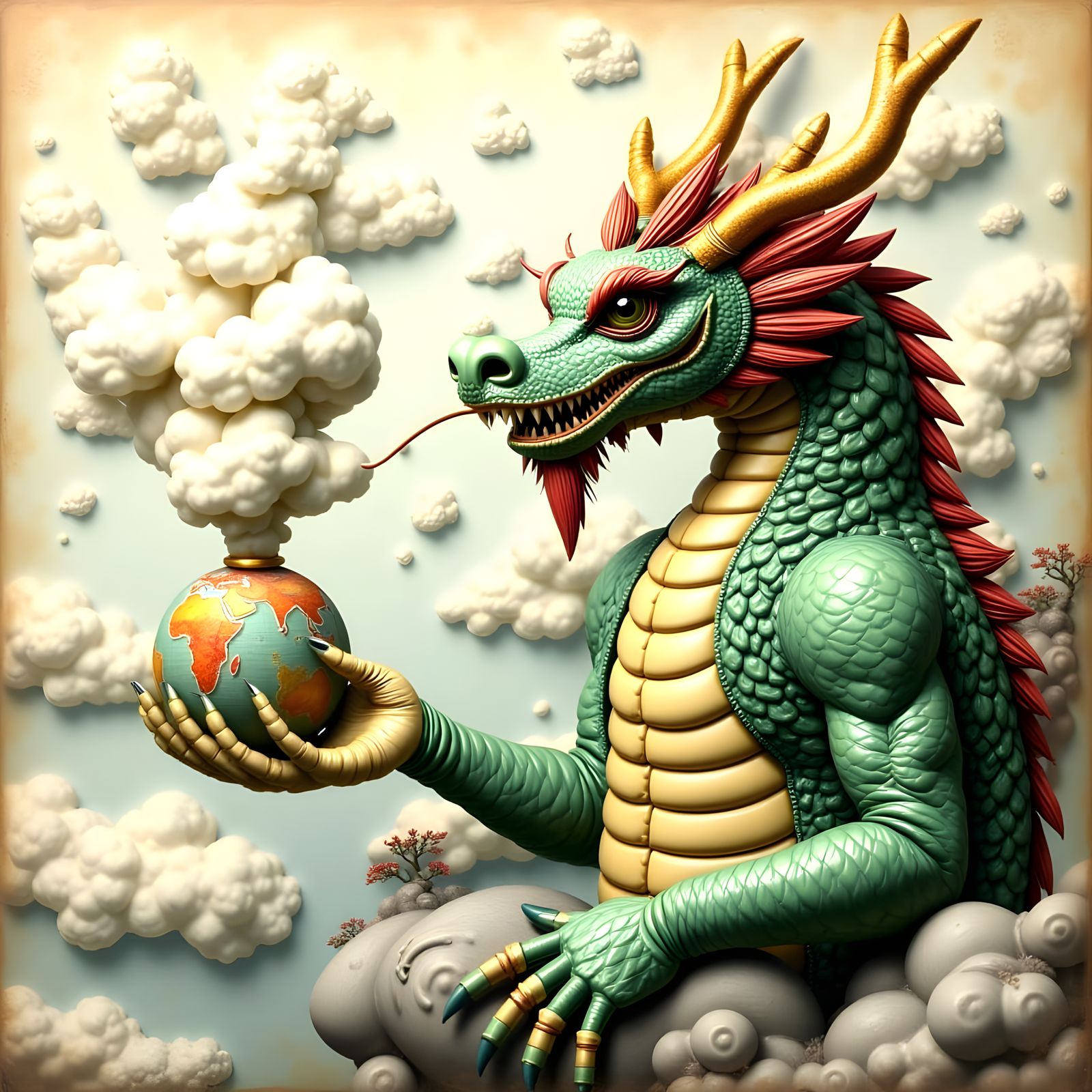 A Vibrant Pop Surrealist Dragon Puffs on a Pipe, Wearing a S...