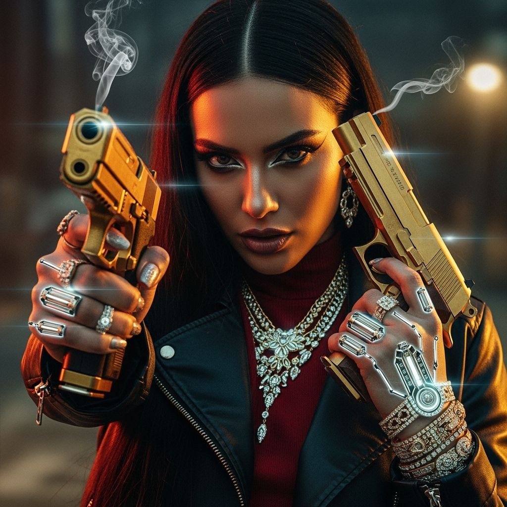 Chicana Woman Portrait with Gold Handguns in Futuristic Styl...