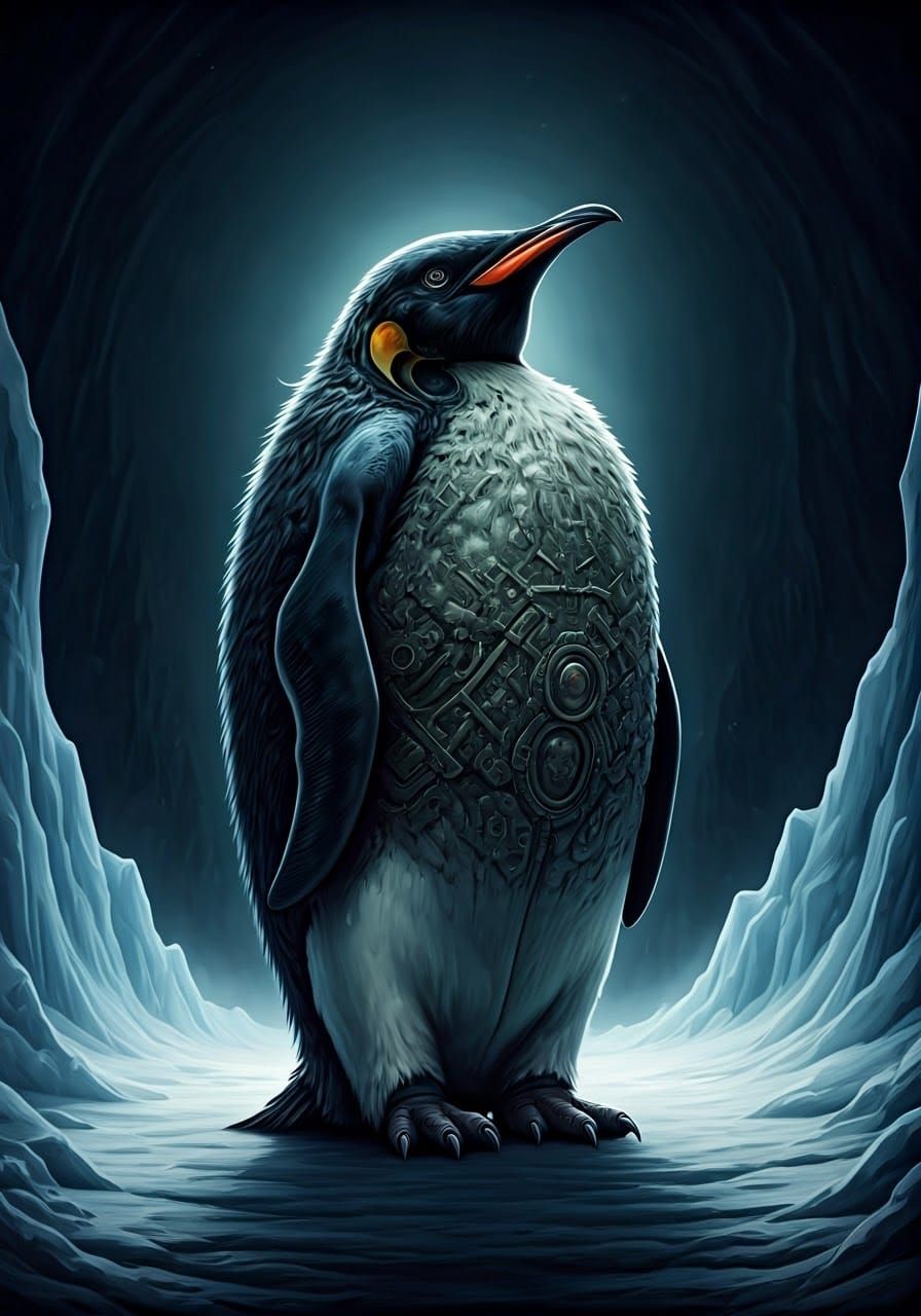 Gothic Penguin in Icy Biomechanical Landscape