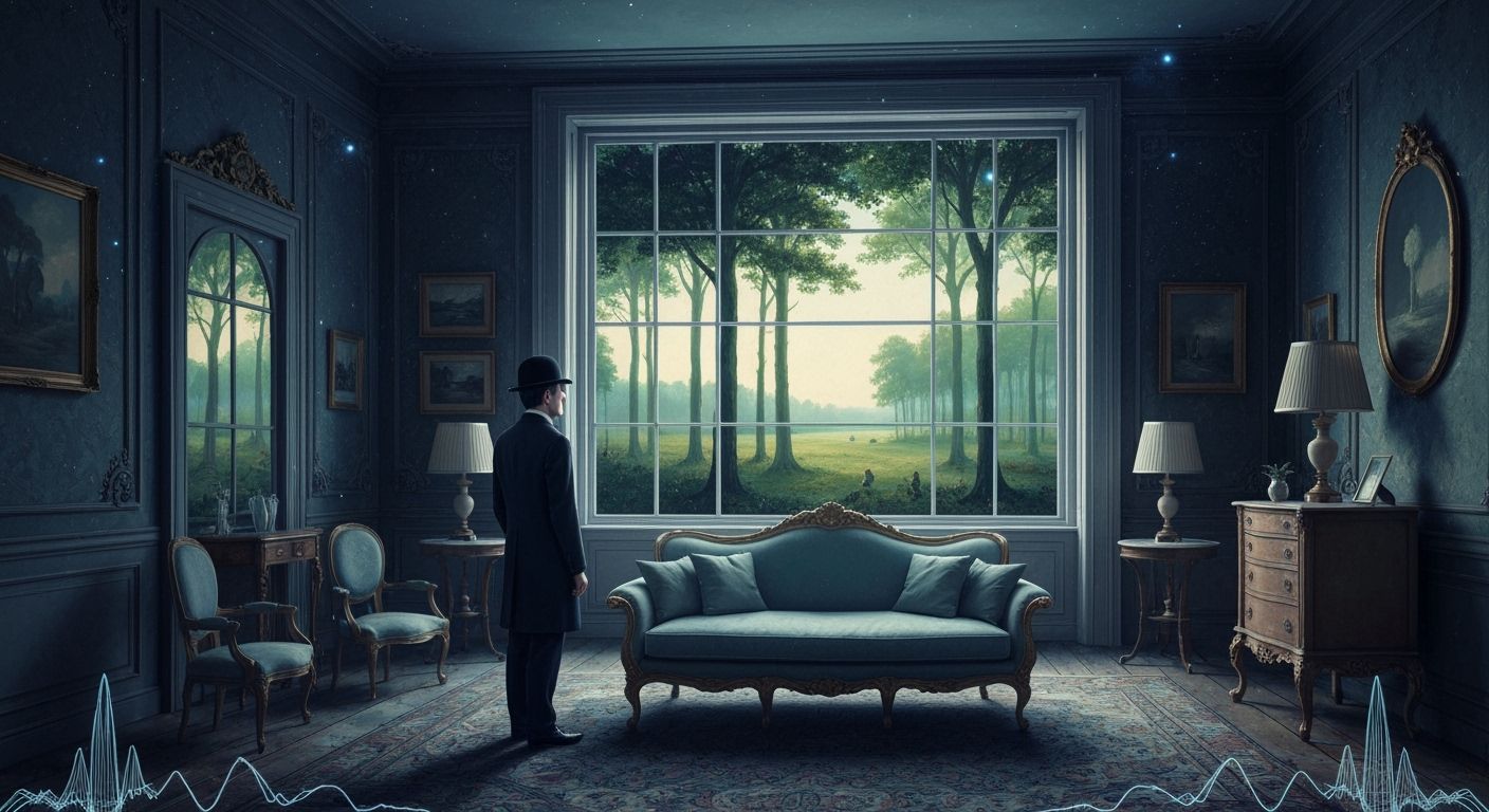 Man in Cosmos Living Room Gazes at Surreal Belgian Forest