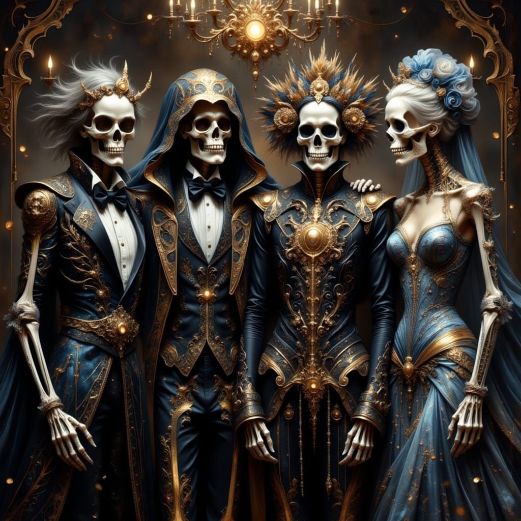 Skeleton Friends In Unique Prom Outfits Pose Together