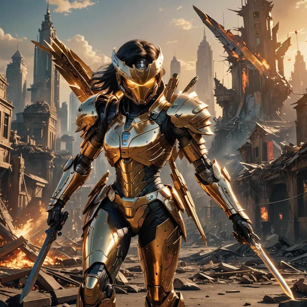 Battle Angel in Golden Armor with Fiery Cityscape