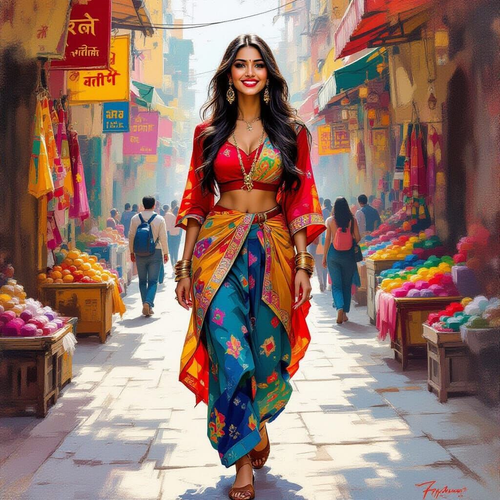 East Indian Woman in Bazaar, Oil Painting Style