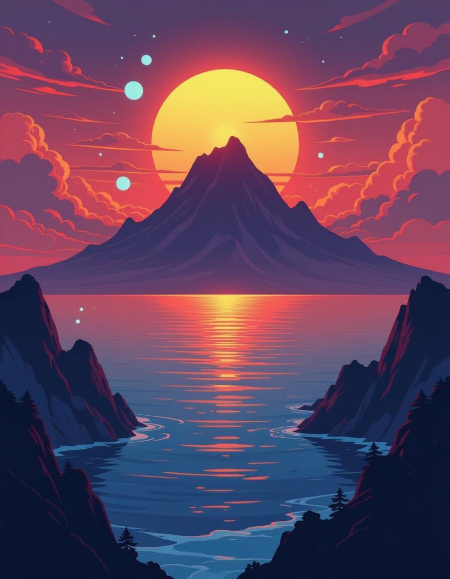 Art Nouveau Synthwave Ocean Landscape with Mountain