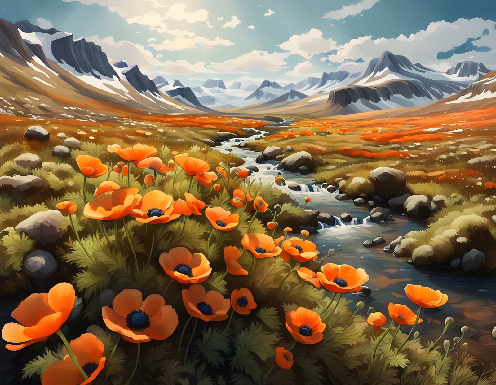 Orange Anemones Bloom Amidst a Golden Tundra