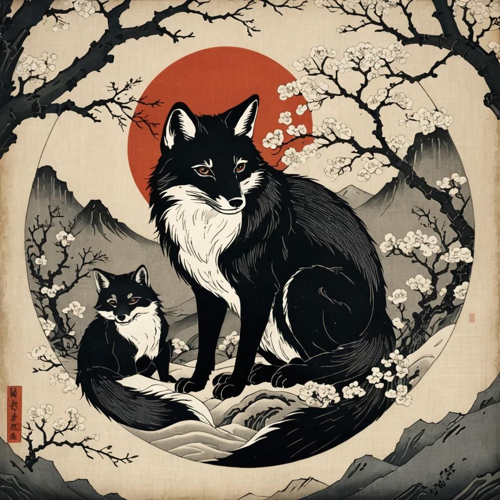 Yin Yang Foxes in Ukiyo-e Style