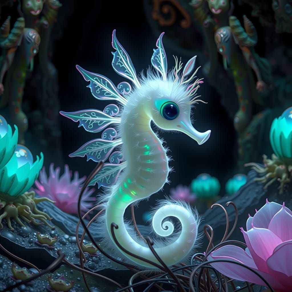 Iridescent Seahorse in Crystal Cave: Digital Art