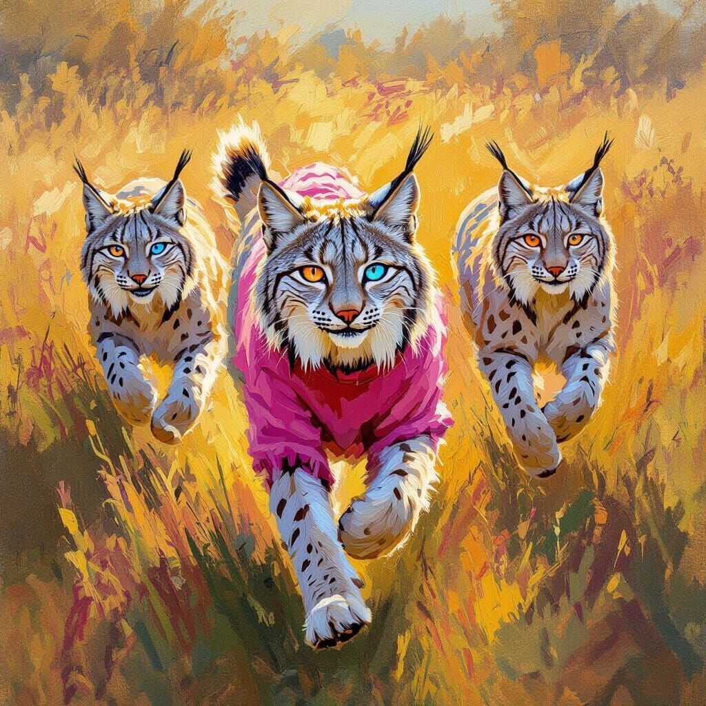 Lynx Pack Runs Through Sunlit Meadow in Oil Painting Style