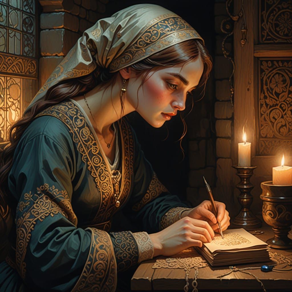 Serene Medieval Lady Embroiders by Candlelight