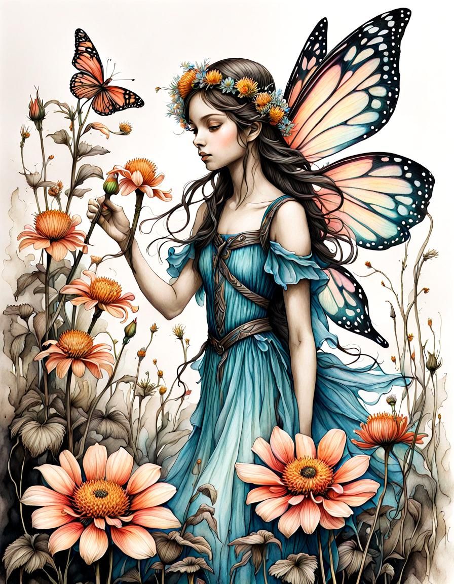 Woodland Fairy Heals Wilting Flower in Botanical Ink