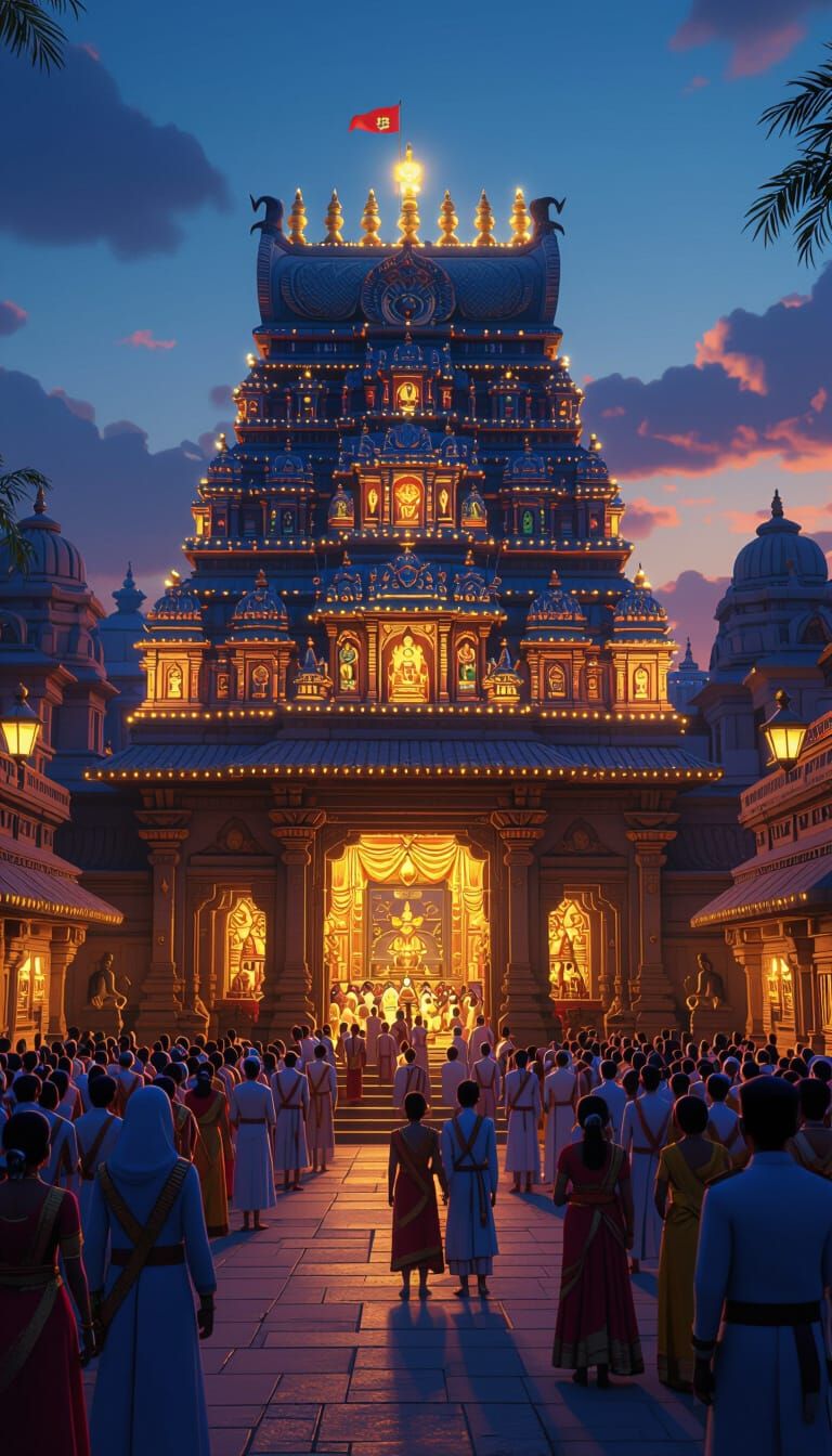 Jagannath Temple at Dusk, 3D Cartoon Style