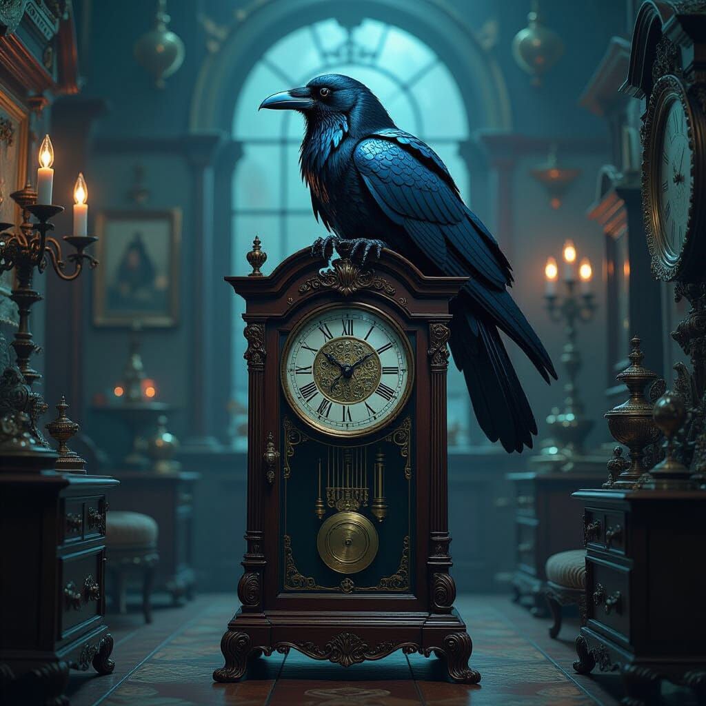 Mechanical Raven Perched on Grandfather Clock