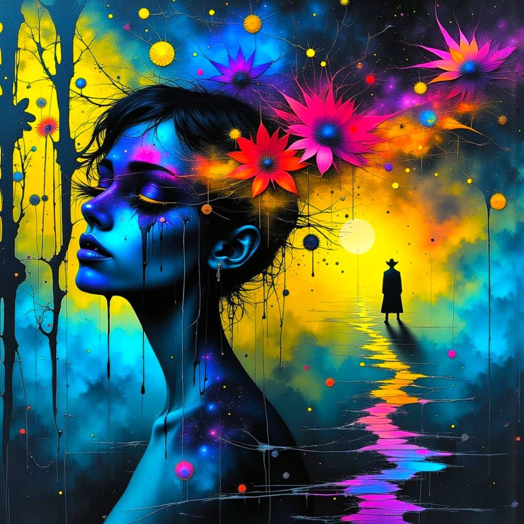 Surrealistic Portrait of a Woman Embracing Heartache