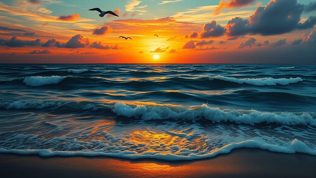 Surrealist Seascape at Sunset with Eerie Tranquility