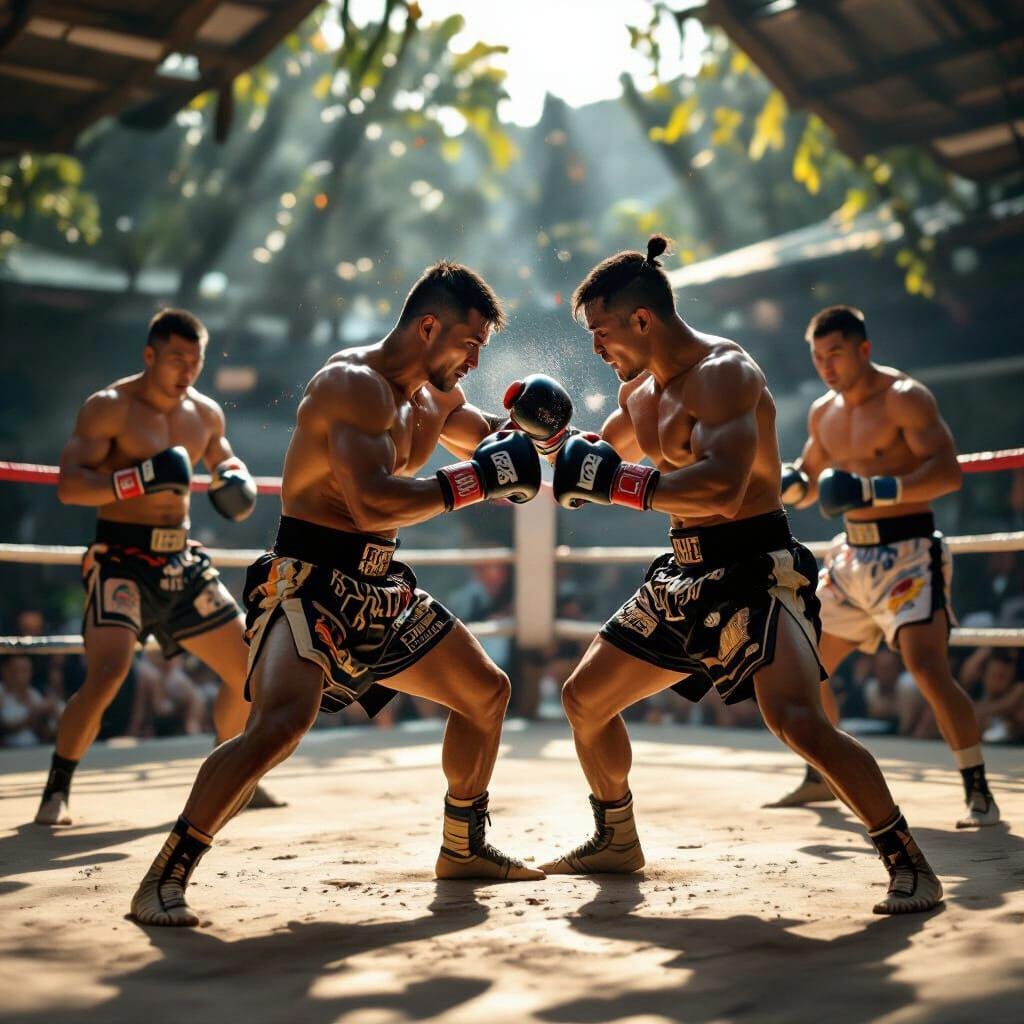 Muscular Muay Thai Boxers Sparring in Sun-Drenched Ring