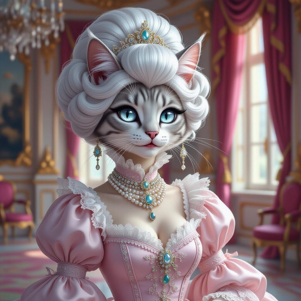 Elegant Feline in Rococo Ballroom, Silver Fur and Lace Gown