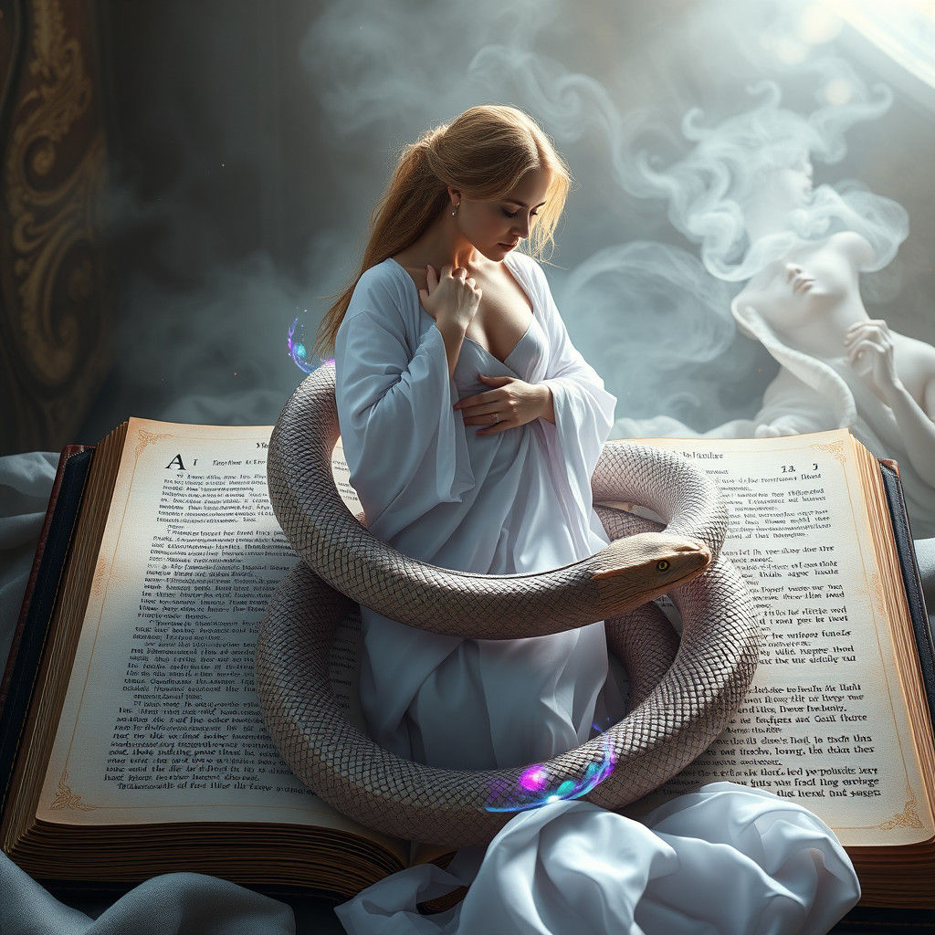 Ethereal Woman Emerges from Bible with Serpent