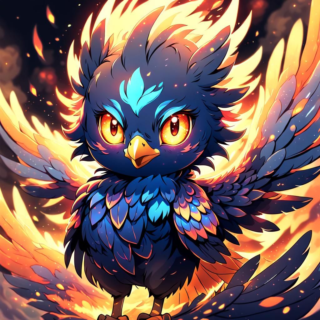 Cute Anime Phoenix Emerges from Ashes