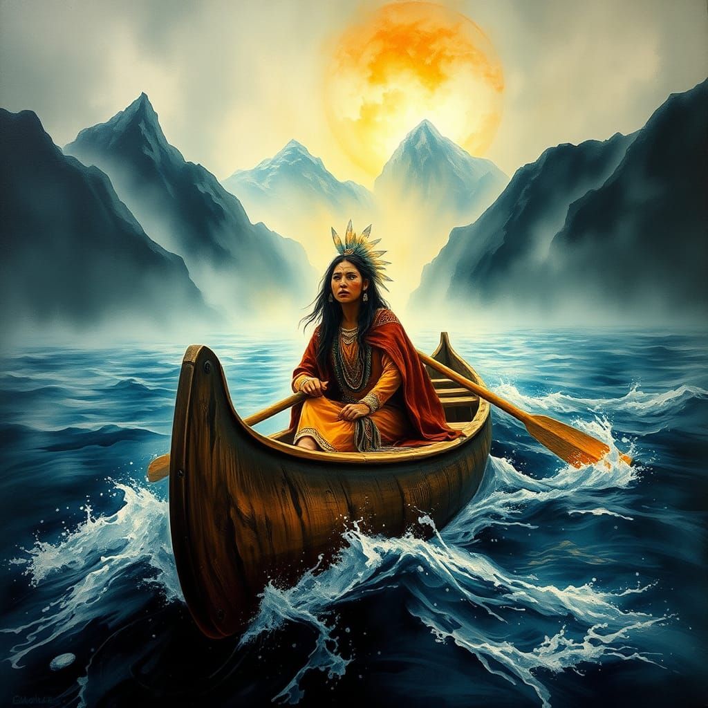 Native American Woman Paddling Canoe in Storm