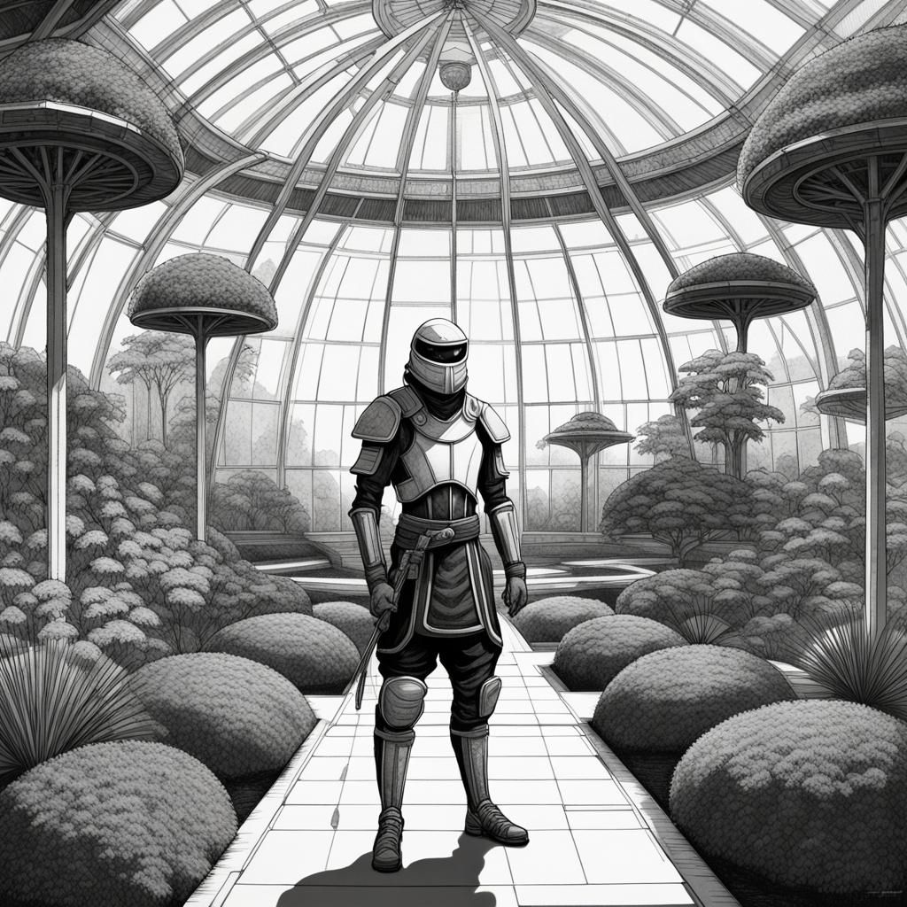 Futuristic Ninja Cyborg Guards Greenhouses, Lithograph Style