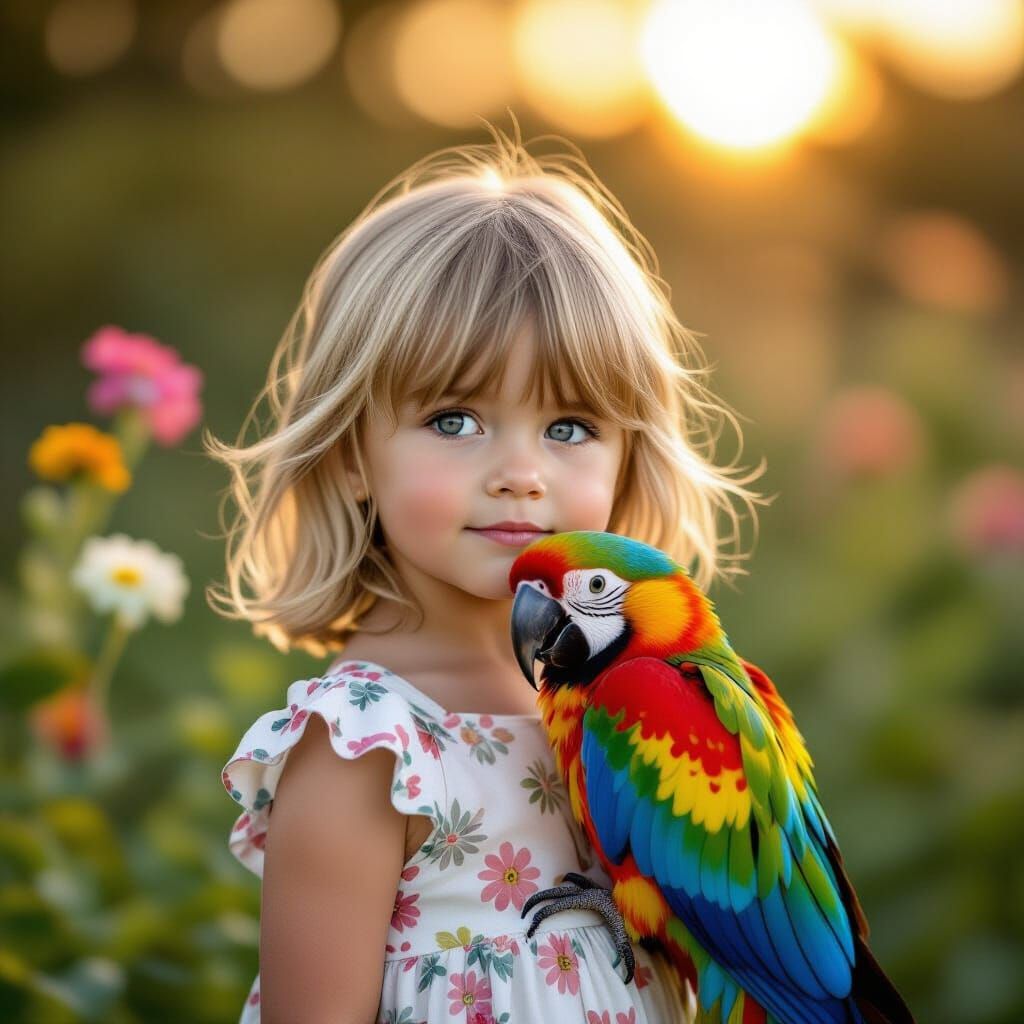 Photorealistic Girl With Parrot at Golden Hour