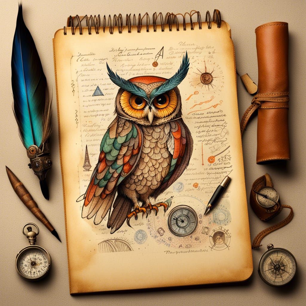 Colorful Ink Owl Sketch in Magical Notebook