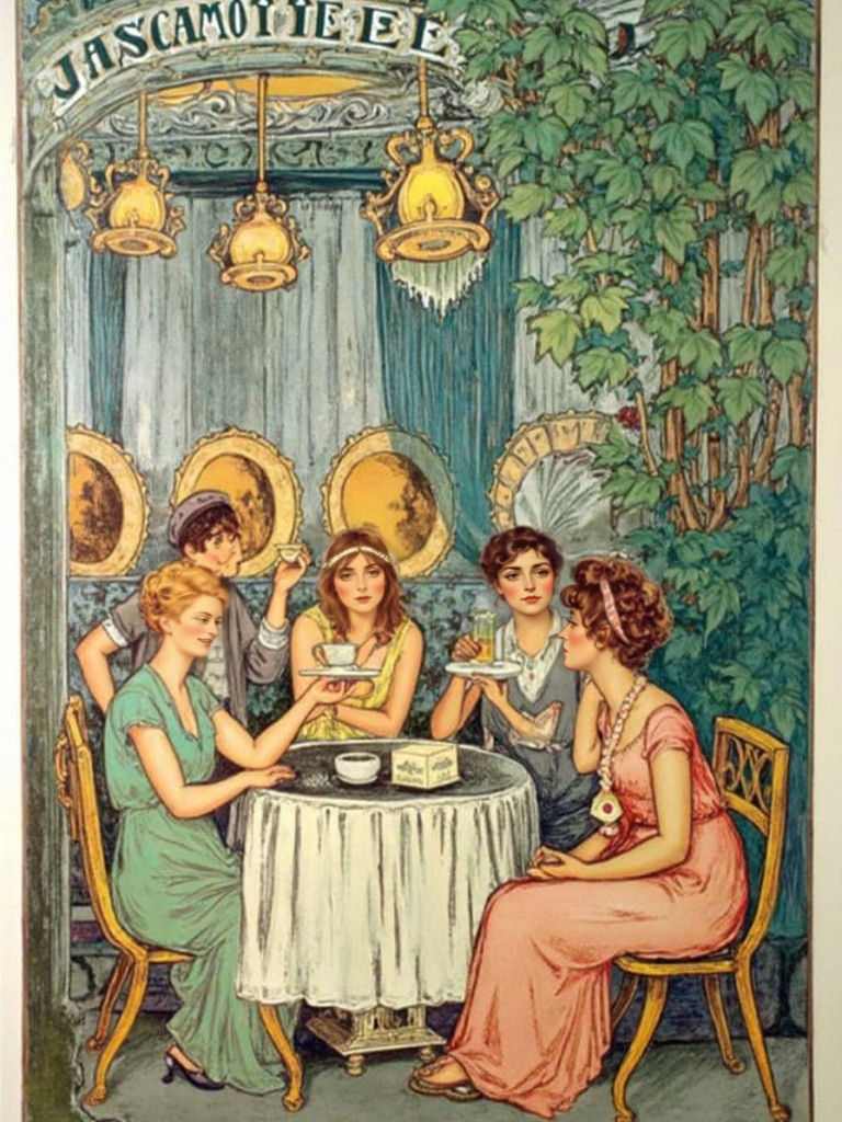 Surrealist Art Nouveau Cafe Scene in Warm Golden Light