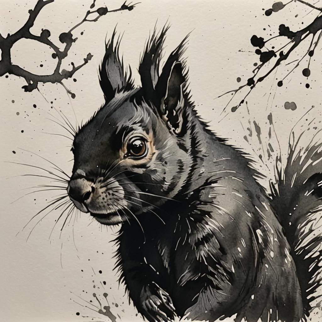 Black Squirrel Headshot in Sumi-e Ink Style