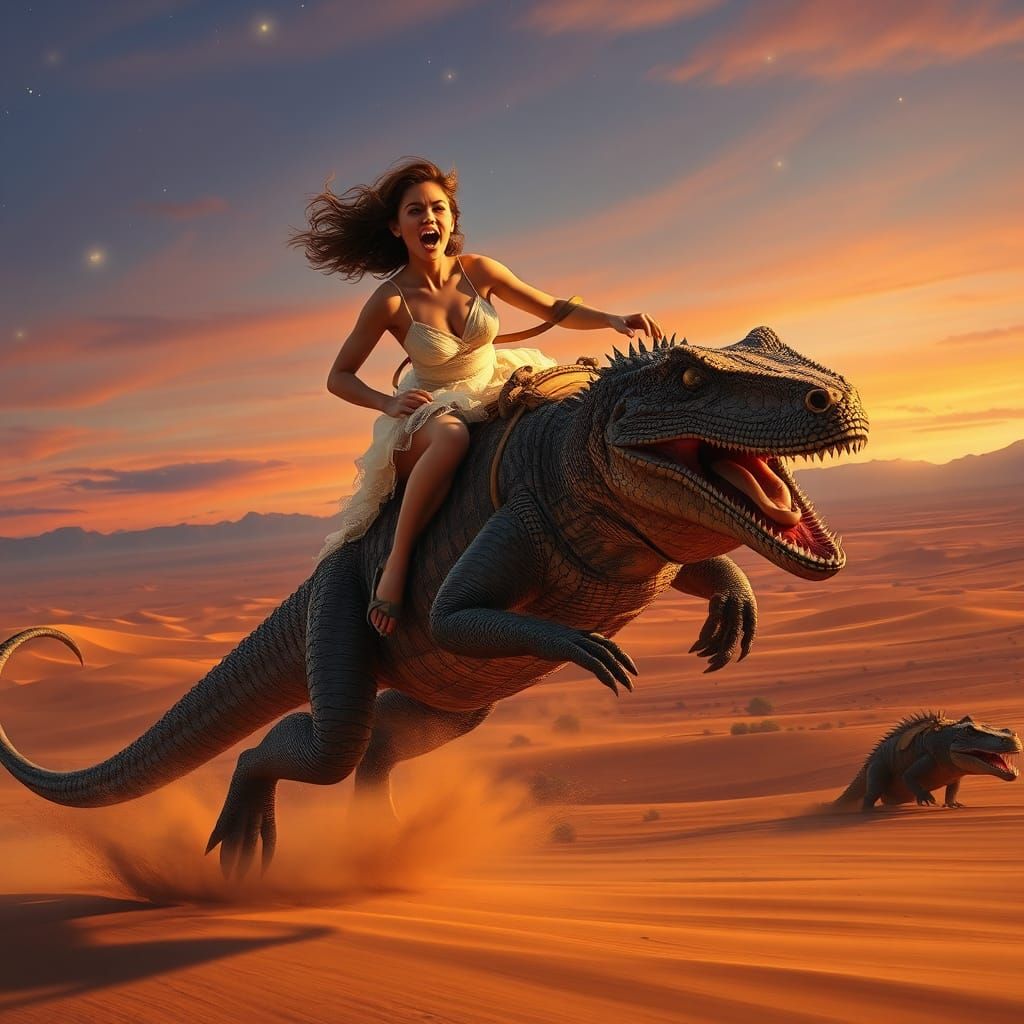 Woman Rides Lizard Across Desert Landscape