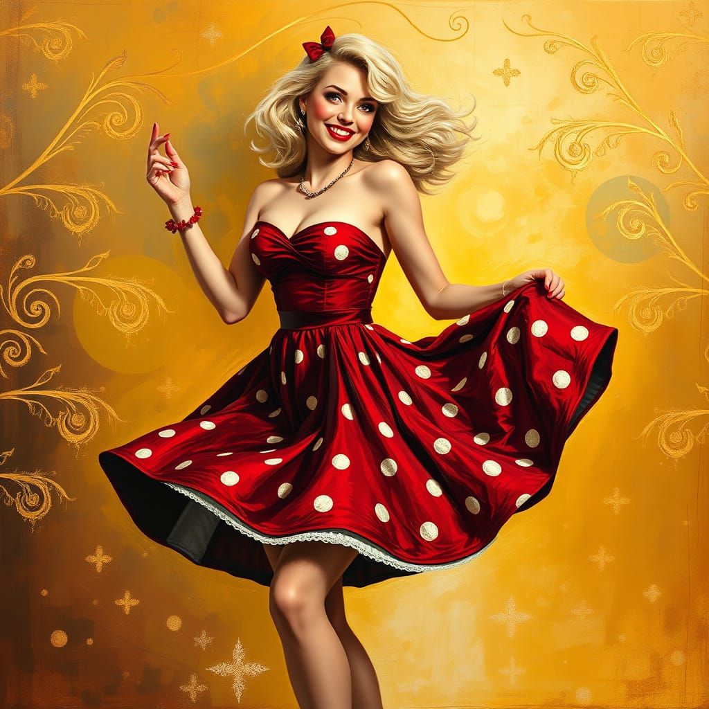 Sultry Rockabilly Goddess Swirls in Vibrant Oil Painting