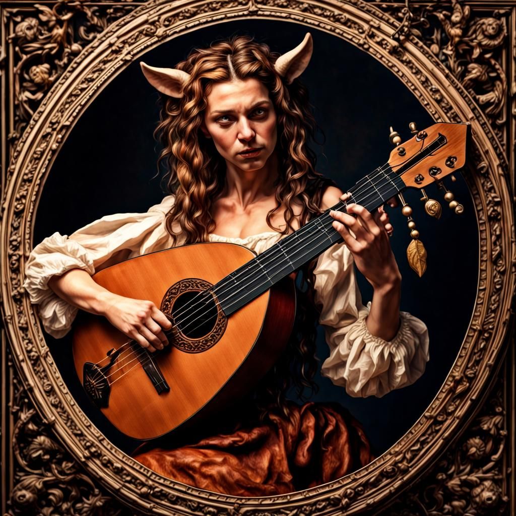 Hyperrealistic Female Satyr Bard Playing Lute
