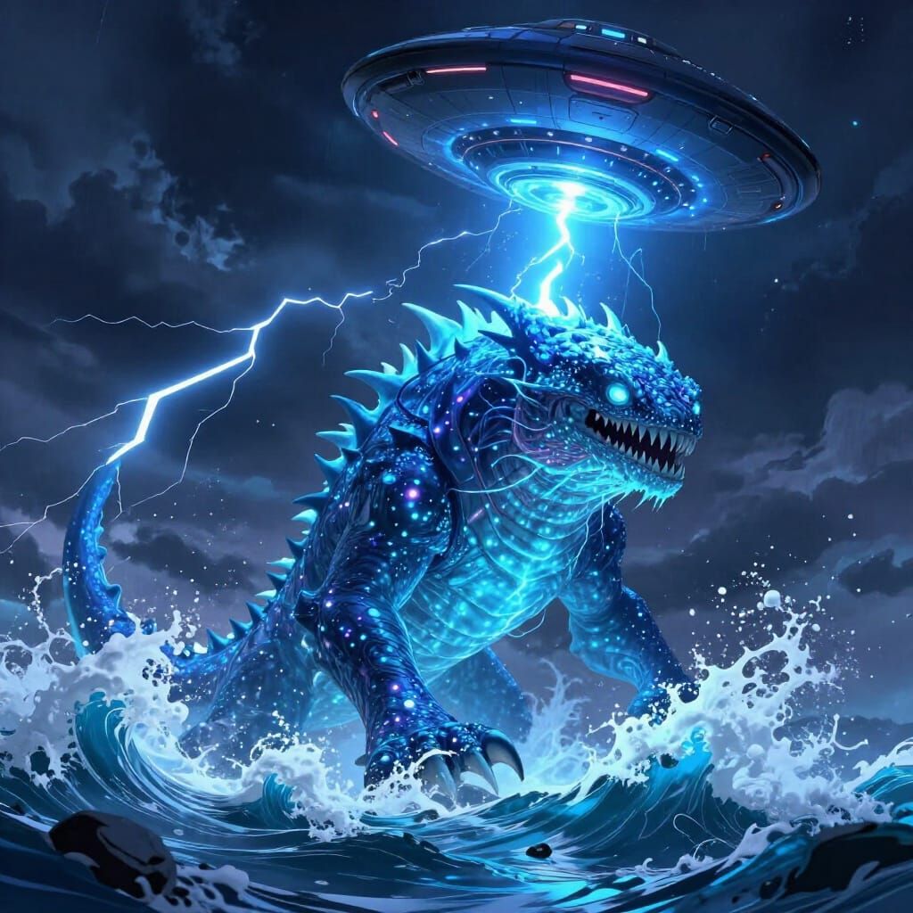 Bioluminescent Monster Abducted by UFO in Neon Storm