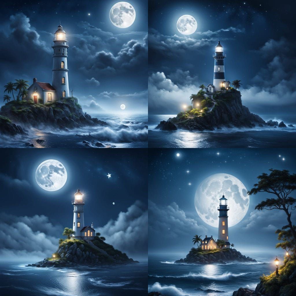Moonlit Lighthouse with Fairy on Lush Island