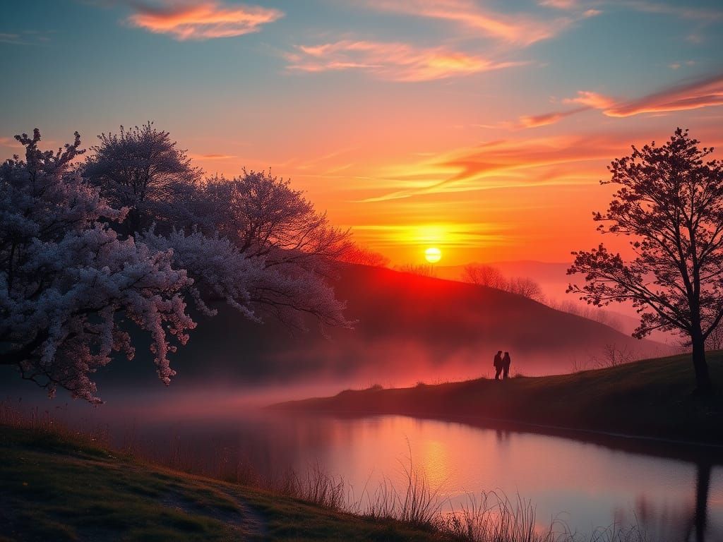 Ethereal Sunset Dreamscape with Cherry Blossoms and Lovers