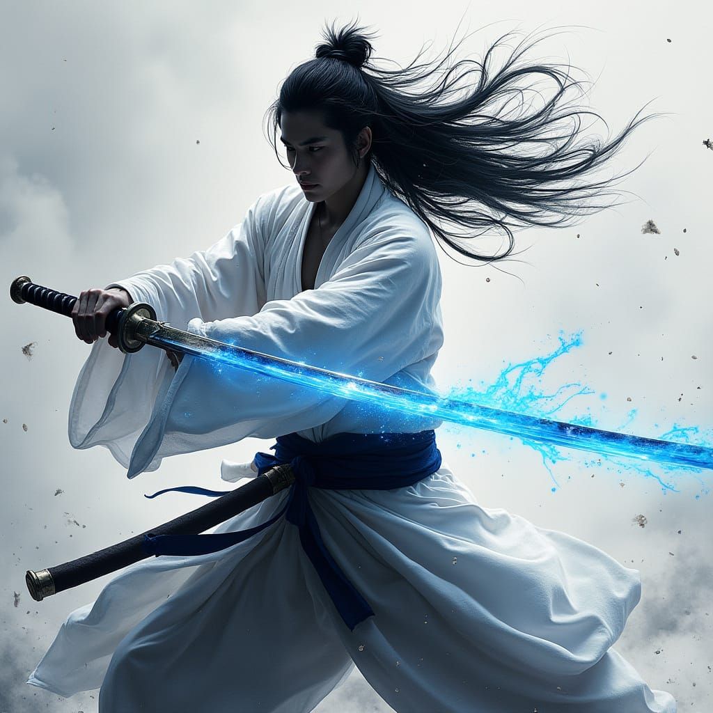 Dramatic Samurai Warrior in Dynamic Monochromatic Grayscale