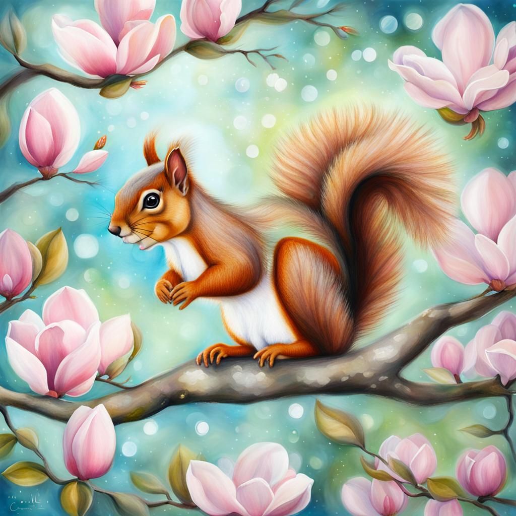 Squirrel Playing Under Magnolia Tree in Whimsical Style
