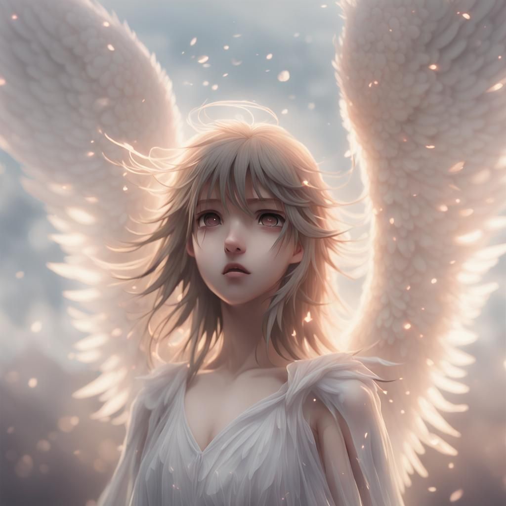 Angel Shedding Wings in Hyper-Realistic Anime Style