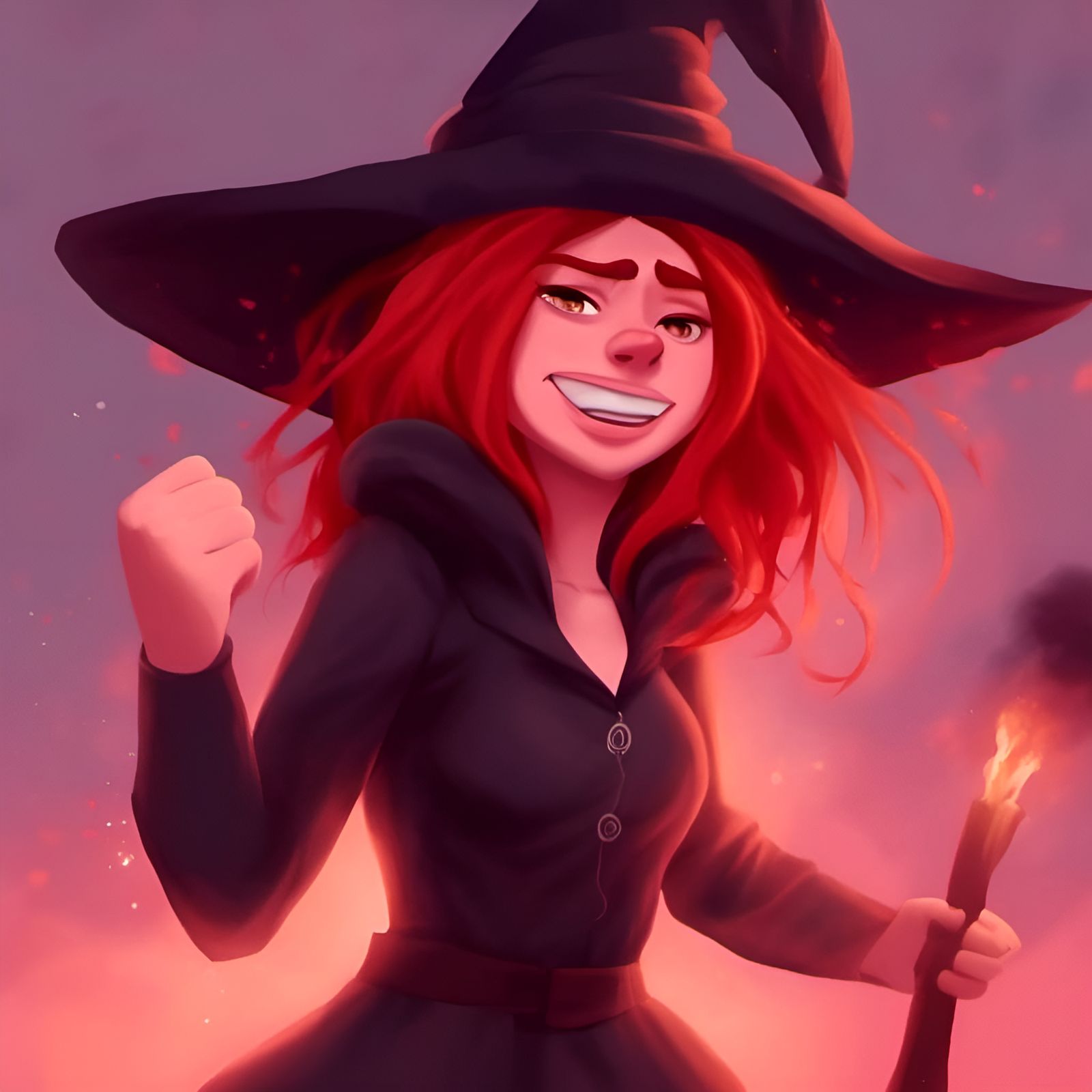 Angry Red-Haired Witch Caricature in Anime Style