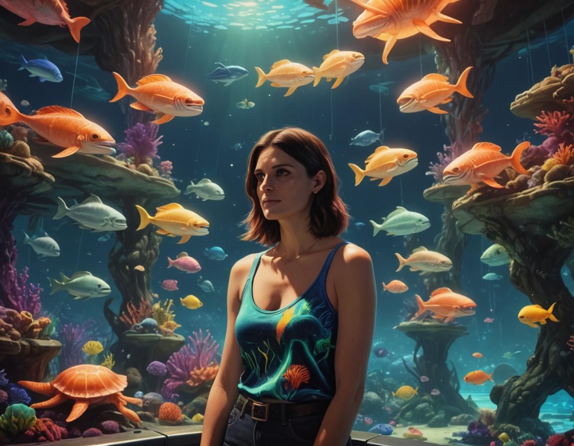 Morgan Webb at Seaworld with Neon Sea Creatures