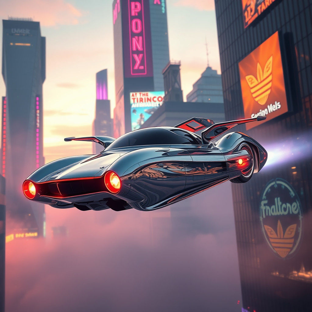 Flying Car Soaring Through Retro-Futuristic Metropolis