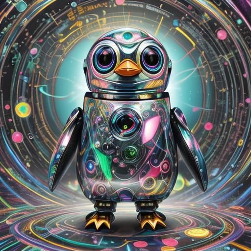 Adorable Robot Penguin in Anime Style with Iridescent Colors