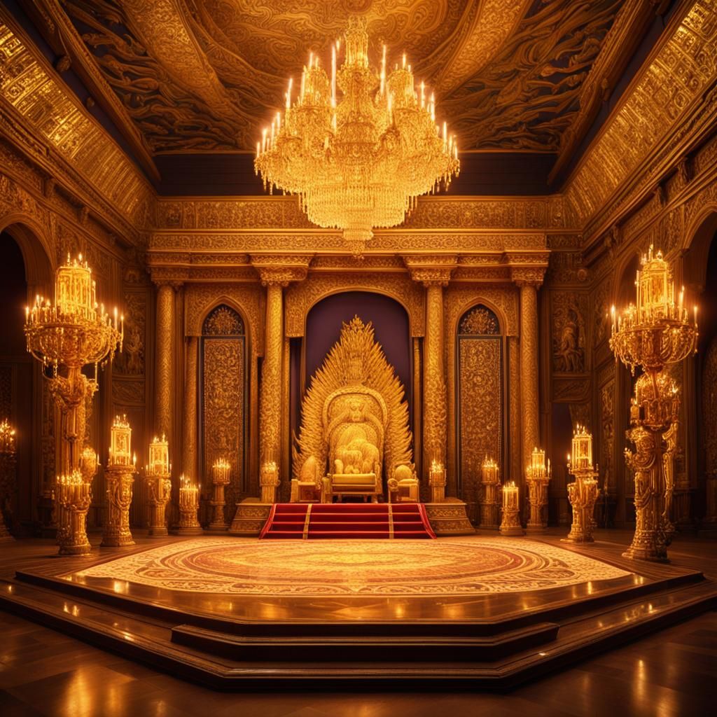 A grand throne room, bathed in the warm glow of flickering candlelight. At the center of the room stands a massive golde...