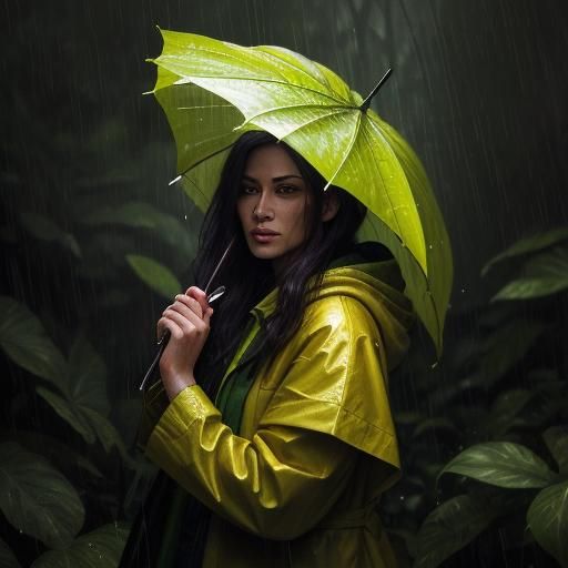 Woman in Yellow Raincoat, Jungle Oil Painting