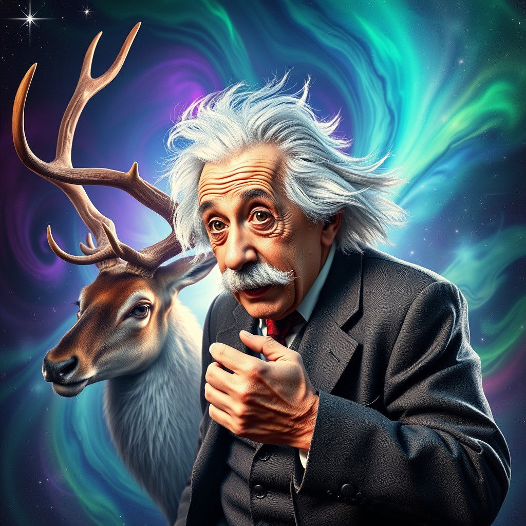 Einstein Battles Reindeer in Hyperrealistic Splash Art