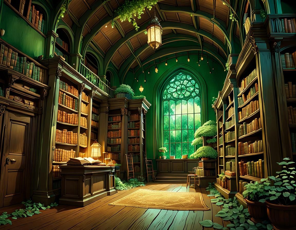 An ancient, forgotten library with books scattered and natur...