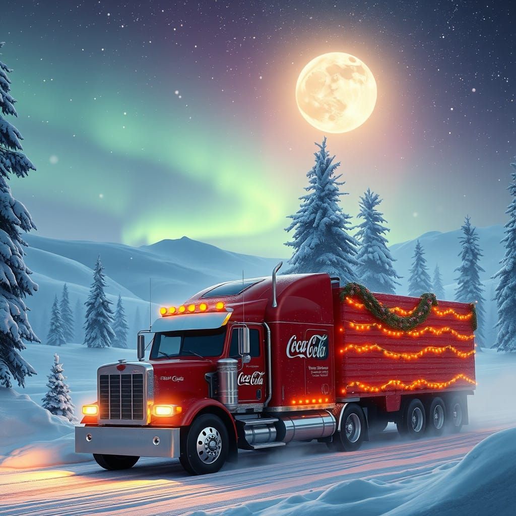 Magical Snowy Winter Wonderland with Semi-Truck and Aurora B...