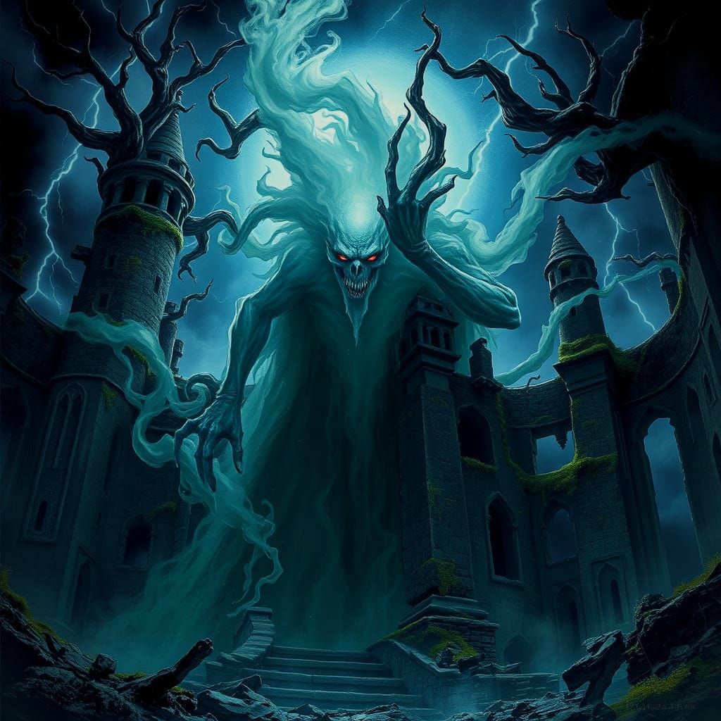 Ethereal Ghost Amidst Stormy Castle Ruins