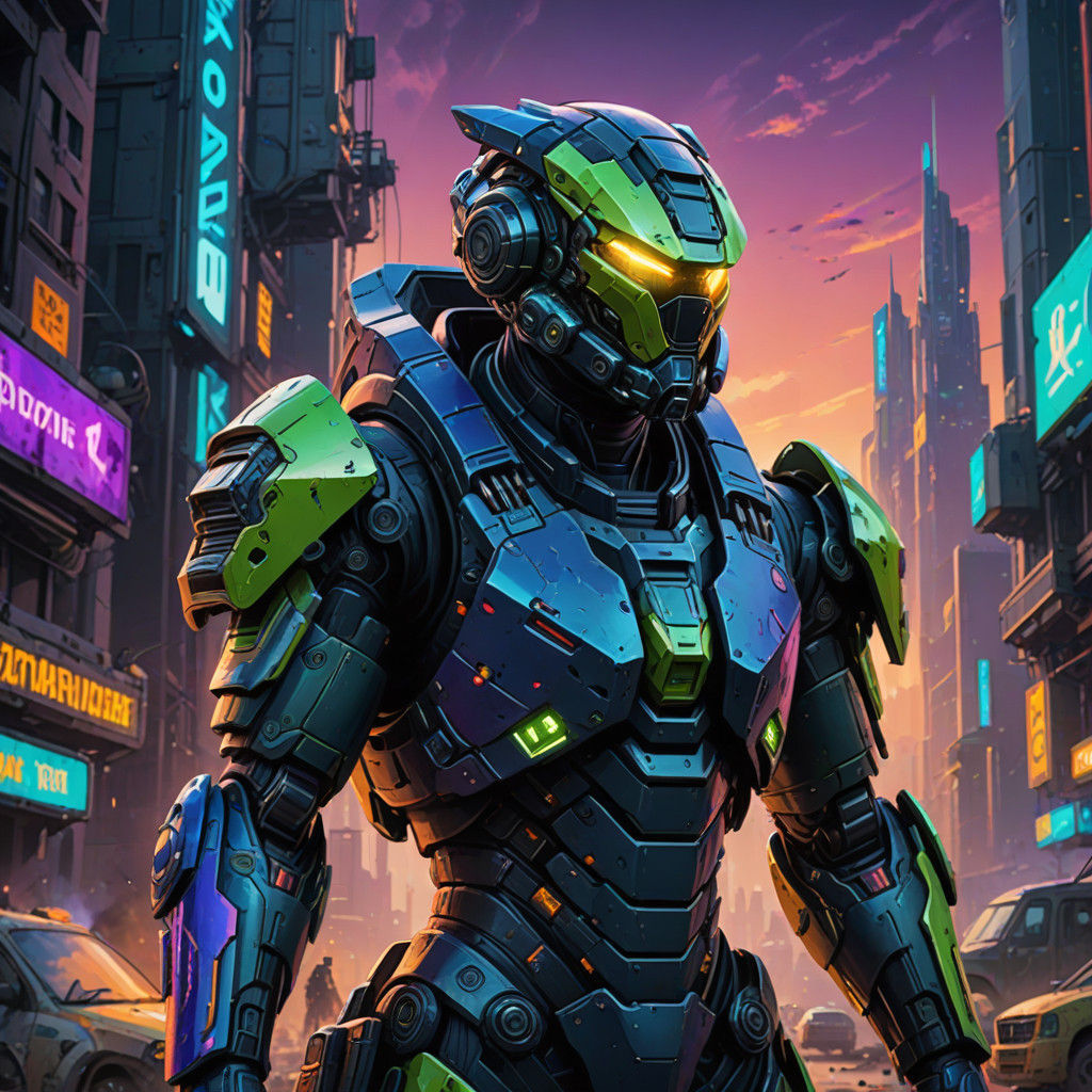 Gritty Futuristic Soldier in Neon Exosuit, Ruined Cityscape
