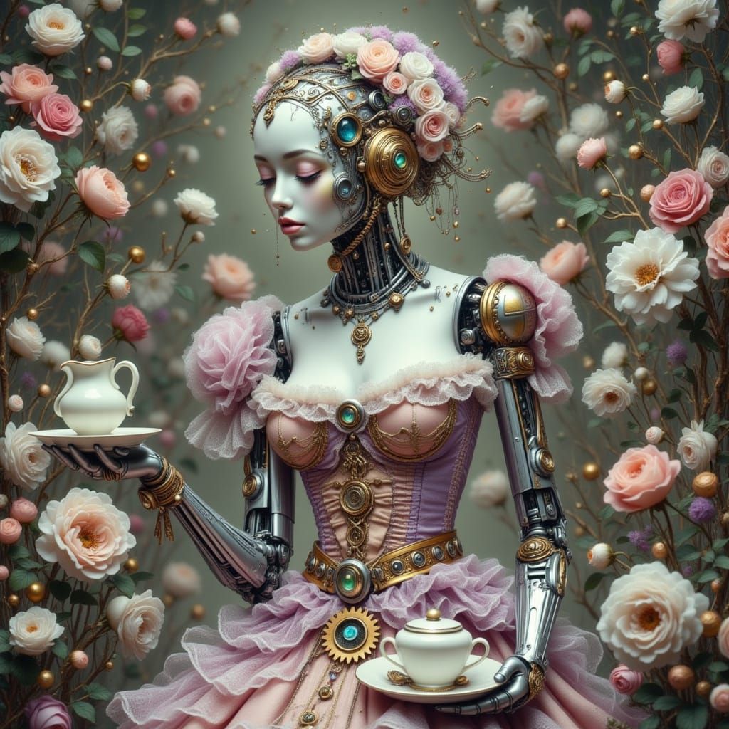 Steampunk Android Woman Serves Tea in Elegant Victorian Atti...